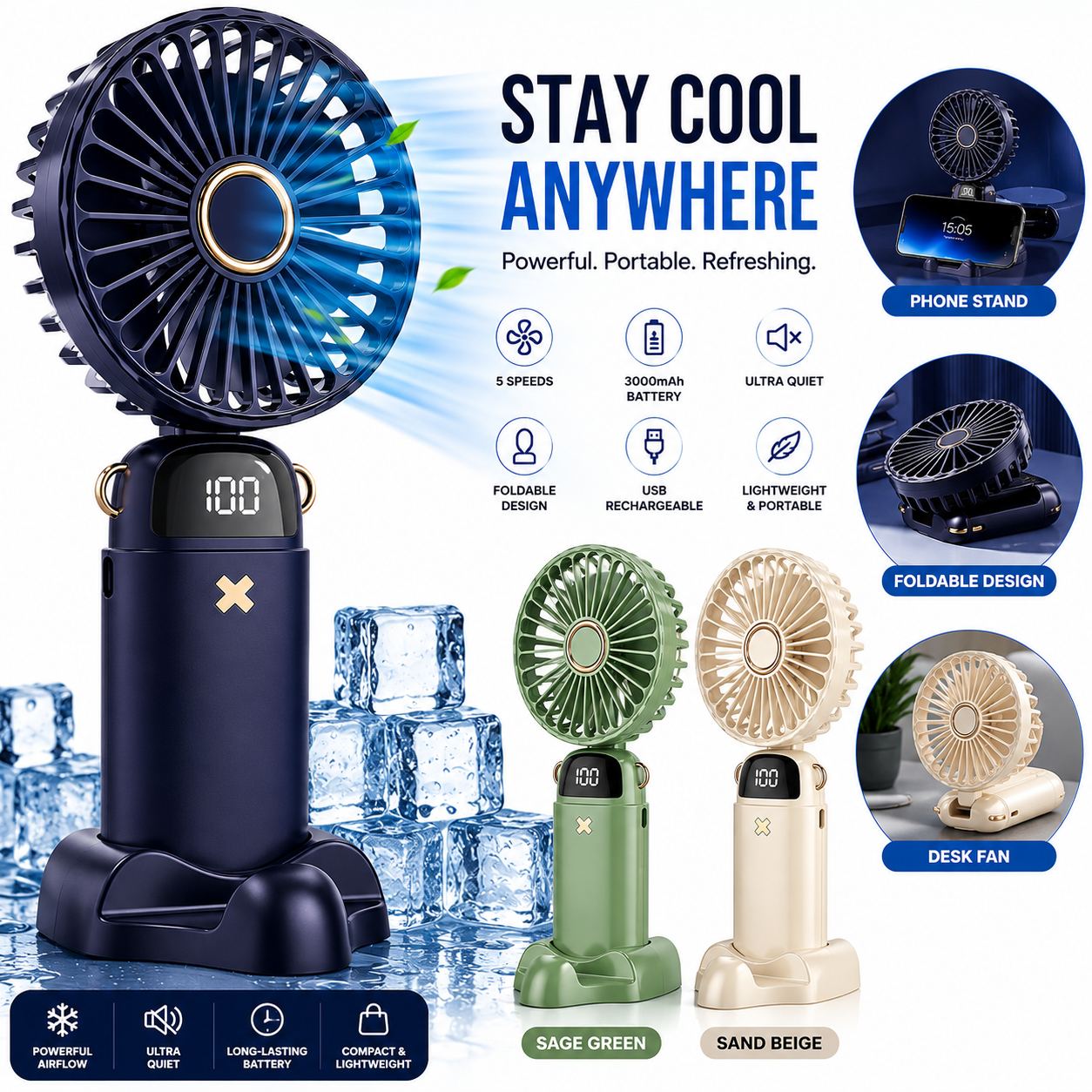 Portable fan with features highlighted on a white background