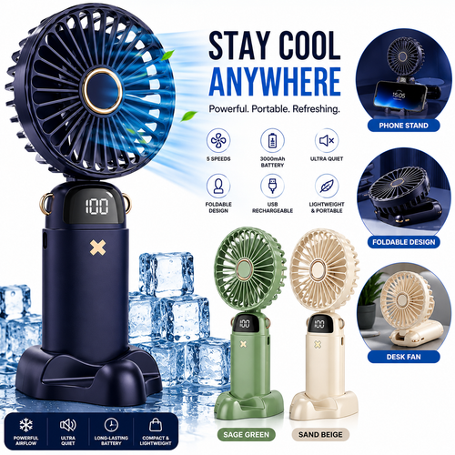 Portable fan with features highlighted on a white background